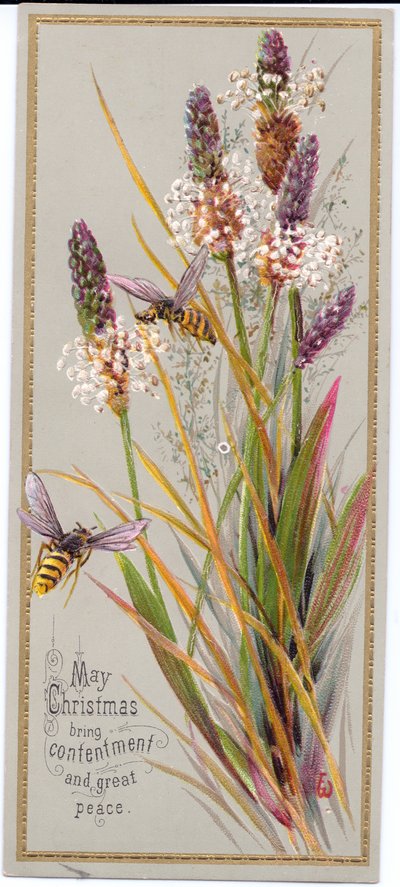 Carte de Noël victorienne de deux abeilles parmi de hautes herbes, vers 1880 - English School