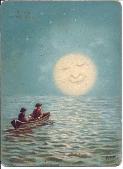 Carte de Noël victorienne de deux garçons dans une barque par une nuit de clair de lune - English School
