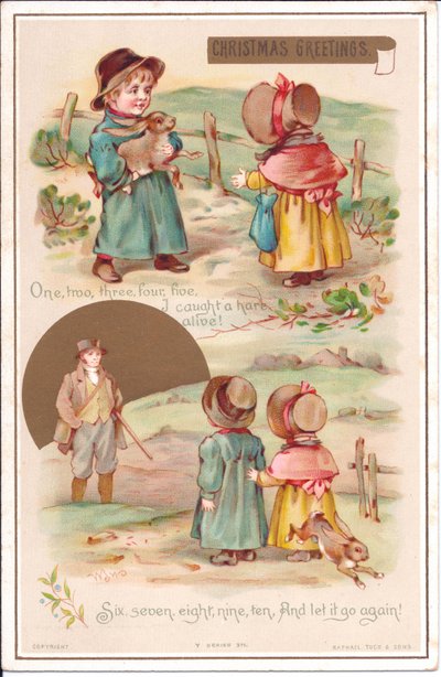 Carte de Noël victorienne avec deux enfants et un lièvre, vers 1880 (lithographie en couleur) - English School
