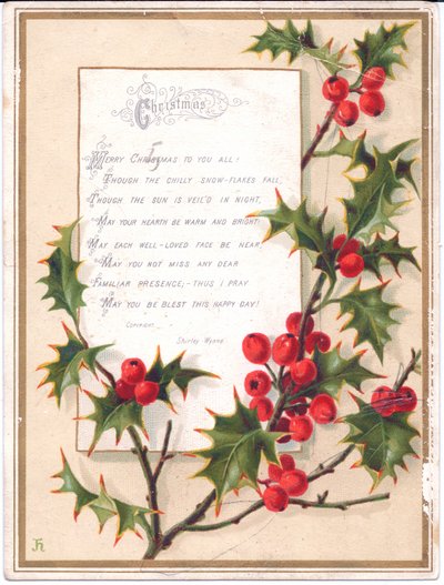 Carte de Noël victorienne avec une grande branche de houx et un vers, c.1880 - English School