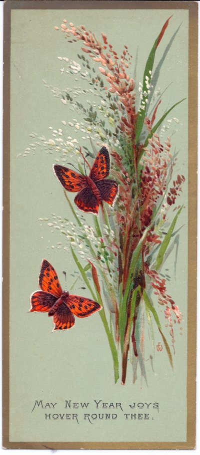 Carte de Nouvel An victorienne de deux papillons parmi de hautes herbes, vers 1880 - English School