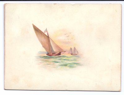 Carte de Nouvel An victorienne avec des yachts naviguant au clair de lune, vers 1895 - English School