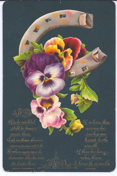 Carte de vœux victorienne de bonne chance avec un fer à cheval et des pensées, c.1880 - English School