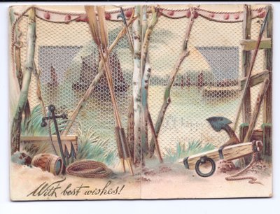 Carte de vœux victorienne de navires à voile vus à travers un écran de gaze, vers 1880 - English School