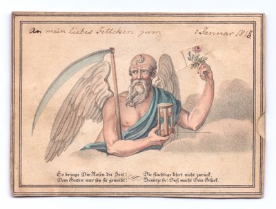Carte de vœux victorienne du faucheur avec une faux et un sablier tenant une rose, vers 1815 (lithographie en couleur) - English School
