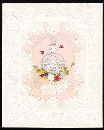Carte de Saint-Valentin victorienne en dentelle de papier représentant une fontaine avec des fleurs, vers 1870 (lithographie en couleur) - English School