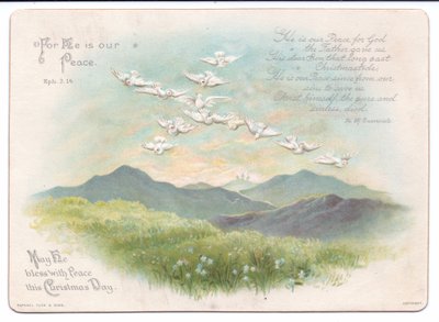Carte de Noël religieuse victorienne avec des colombes volant en forme de croix, vers 1880 (lithographie en couleur) - English School