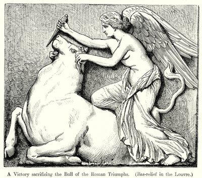 Une Victoire sacrifiant le Taureau des Triomphes romains. (Bas-Relief du Louvre) (gravure) - English School