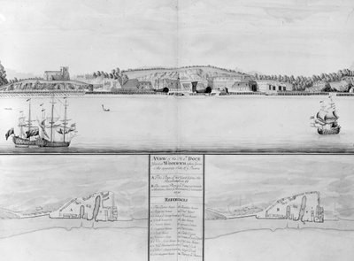 Vue du chantier naval de Sa Majesté à Woolwich prise du côté opposé de la Tamise - English School