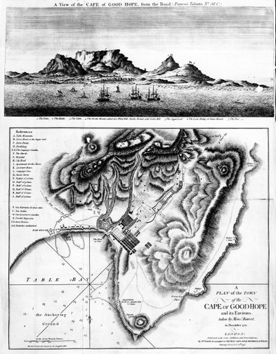 Vue du Cap de Bonne-Espérance et plan de la ville du Cap de Bonne-Espérance et de ses environs, publiée en 1795 - English School