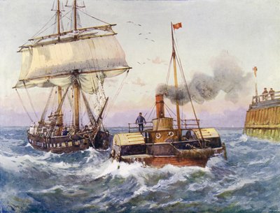 Un brig remorqué au port (lithographie en couleur) - English School