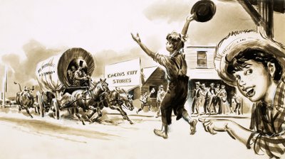 Un chariot couvert entre dans une ville du Far West - English School
