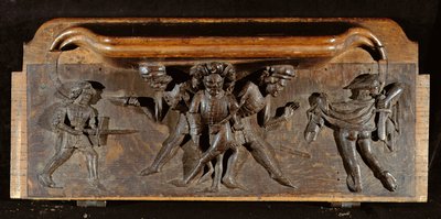 Une miséricorde endommagée représentant trois hommes se battant avec des poignards et des épées, New College Chapel, Oxford, fin du 14ème siècle - English School