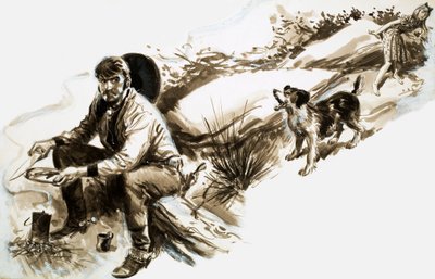 Un chien aboie sur un cow-boy mangeant de la nourriture - English School