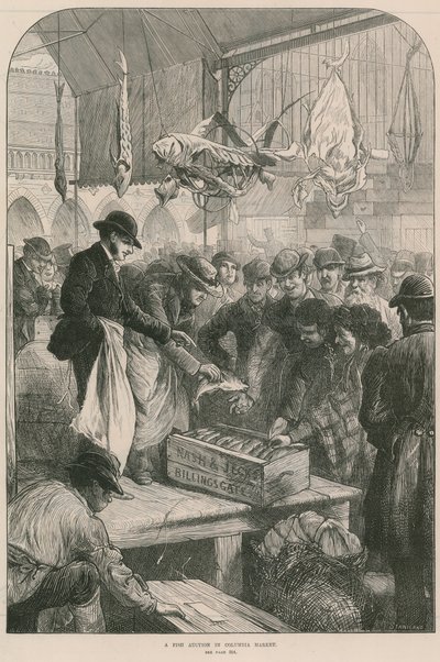 Vente aux enchères de poissons au marché de Columbia, Londres - English School