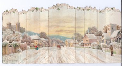 Carte de Noël victorienne en accordéon représentant un château et une église et un homme portant une pelle dans la neige, vers 1880 - English School