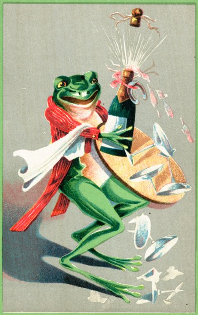 Une grenouille portant un plateau avec des verres et une bouteille de champagne - English School