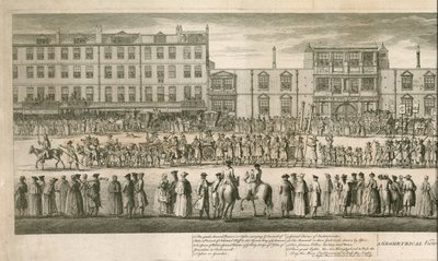 Vue géométrique de la grande procession des Scald Miserable Masons, Somerset House, Londres - English School