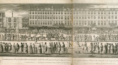 Vue géométrique de la grande procession des Scald Miserable Masons, Somerset House, Londres - English School