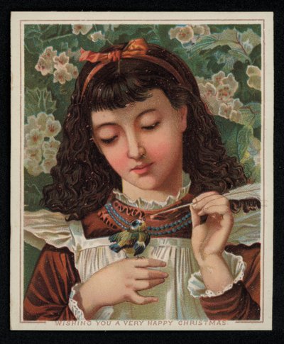 Une fille nourrissant une mésange bleue, carte de vœux de Noël (chromolithographie) - English School