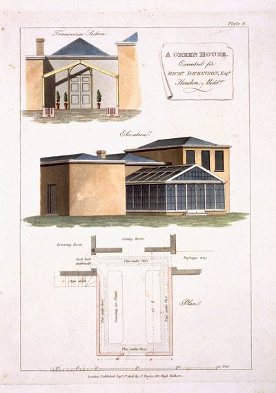 Une serre avec des détails gothiques attachée à une maison de style néo-classique pour Richard Dickinson Esq à Hendon, Middlesex, 1806 - English School