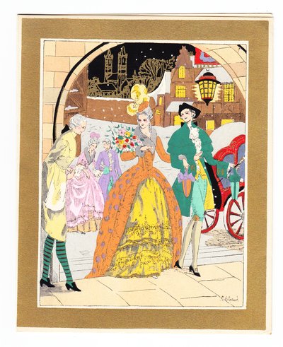 Carte de Noël française pochoir colorée à la main représentant un valet accueillant une paire de visiteurs en tenue Régence, vers 1920 - English School