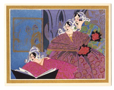 Carte de Noël française pochoir colorée à la main représentant trois dames chantant à partir d