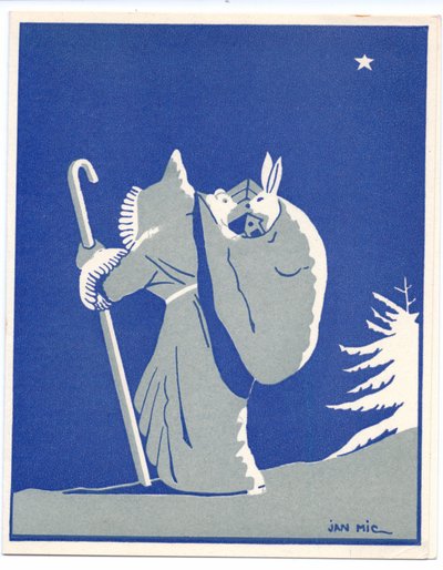 Carte de Noël en pochoir, colorée à la main, représentant le Père Noël en silhoutte, marchant avec un bâton et portant un sac contenant un lapin et un ours, vers 1920 (pochoir). - English School