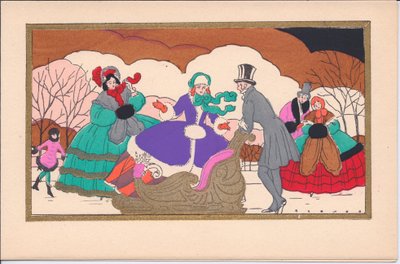 Carte de Noël française pochoir colorée à la main de patineurs victoriens avec un traîneau, vers 1920 - English School
