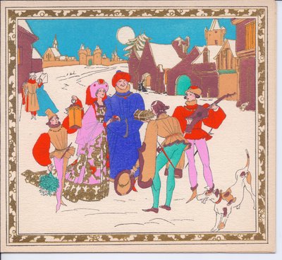 Carte de Noël française pochoir colorée à la main représentant une paire de ménestrels de rue élisabéthains divertissant un seigneur et une dame, tandis que leur page tient une lanterne, vers 1920 - English School