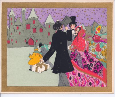 Carte de Noël française pochoir colorée à la main de convives marchant vers un château pour une fête, vers 1920 - English School