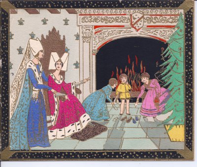 Carte de Noël française pochoir colorée à la main de dames médiévales portant des chapeaux papillon et des enfants devant une grande cheminée réchauffant leurs chaussures, vers 1920 - English School