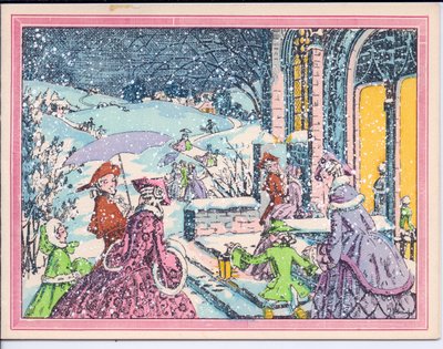 Carte de Noël française pochoir colorée à la main de fêtards arrivant dans la neige à un manoir, vers 1920 - English School