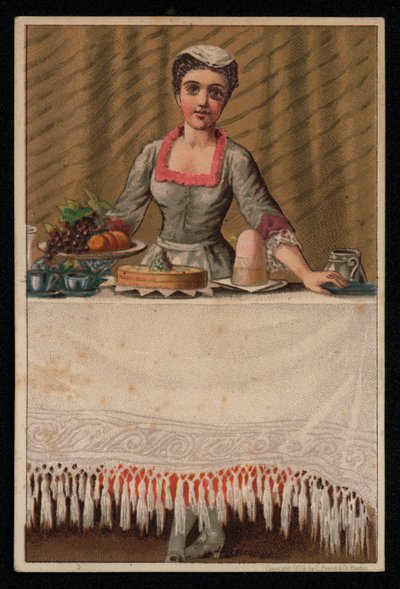 Une servante dressant une table avec de la nourriture, carte de vœux - English School