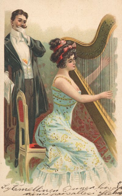 Un homme regardant une femme jouant de la harpe - English School