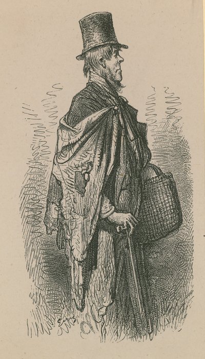 Un homme portant un haut-de-forme et un châle tout en portant un panier - English School
