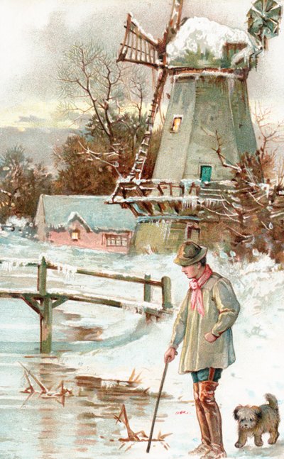 Un homme avec une canne marchant avec son chien dans un paysage enneigé - English School