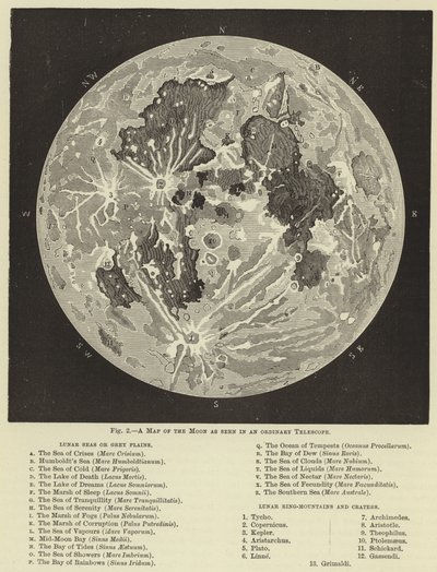 Carte de la lune vue dans un télescope ordinaire - English School
