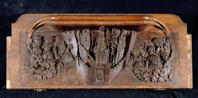 Une miséricorde représentant une ville fortifiée avec une porte et une herse levée, New College Chapel, Oxford, fin du 14ème siècle - English School