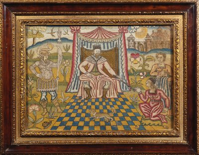 Une broderie représentant le roi Assuérus assis sous un dais, tendant son sceptre à Esther - English School