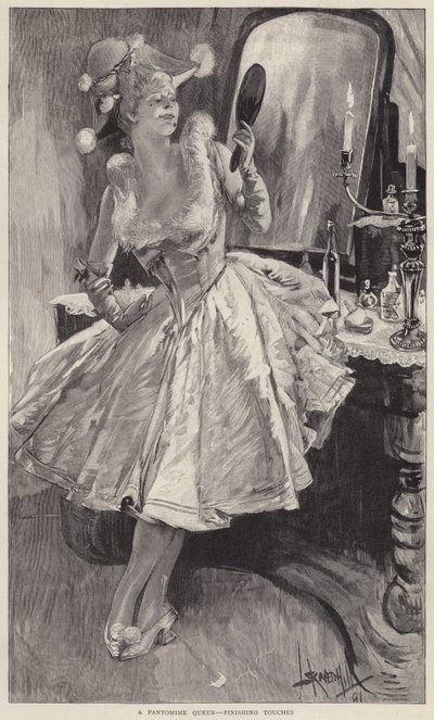 Une reine de pantomime mettant la touche finale à son maquillage (lithographie) - English School