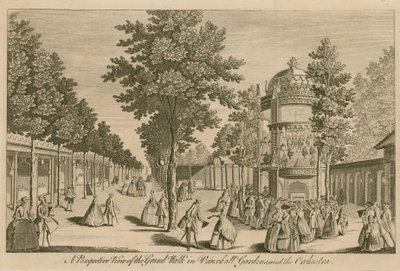 Vue en perspective de la Grande Promenade dans les jardins de Vauxhall, Londres, et l