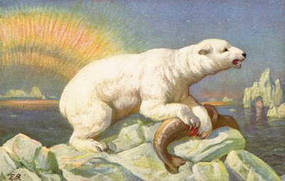 Un ours polaire se tient au-dessus du corps du poisson sur un rocher - English School