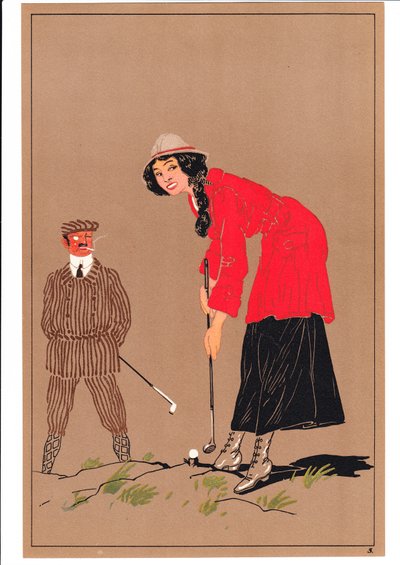 Impression de deux golfeurs dans des postures comiques et humoristiques, vers 1920 - English School