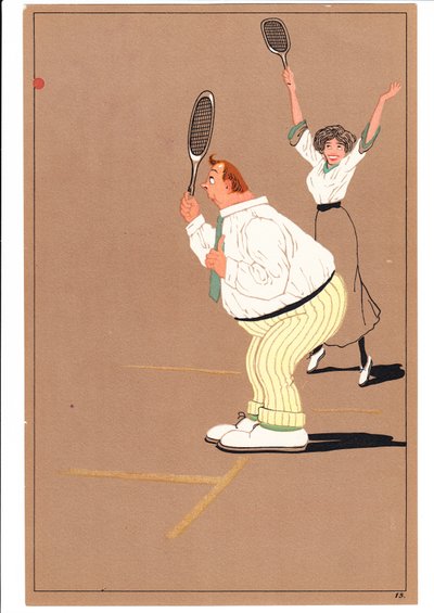 Impression de deux joueurs de tennis dans des postures comiques et humoristiques, vers 1920 - English School