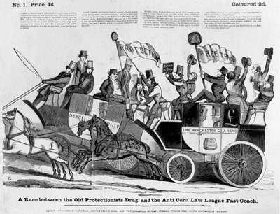 Une course entre le vieux carrosse protectionniste et le carrosse rapide de la Ligue anti-corn laws - English School