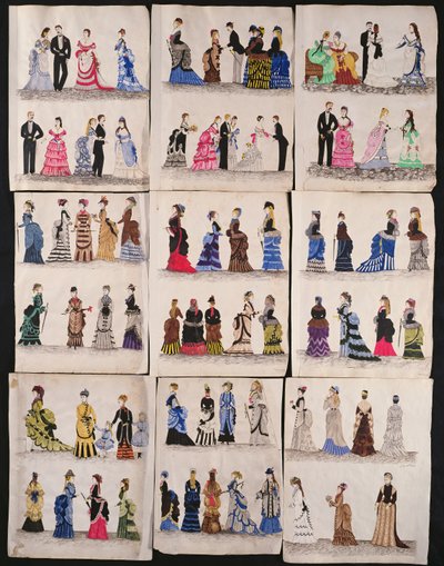 Une sélection de modes victoriennes, y compris des robes de bal et de promenade, vers 1876 - English School