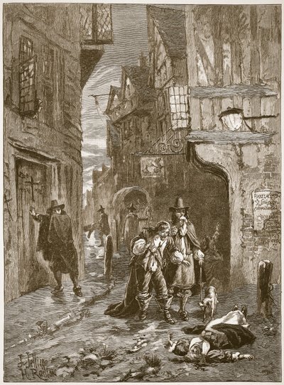 Une rue de Londres pendant la Grande Peste (illustration de Cassells Illustrated History of England) - English School