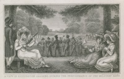 Vue dans les jardins de Kensington, Londres, pendant la performance de la fanfare militaire - English School