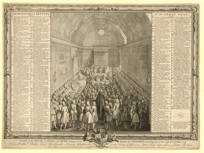 Vue de la Chambre des Lords, le roi assis sur son trône, les Communes l